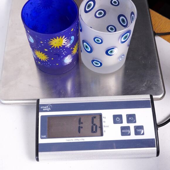 Celestial Sun Moon Stars Evil Eye Glass Candle Holder Cup Stand x2 Cobalt Blue - Picture 8 of 8